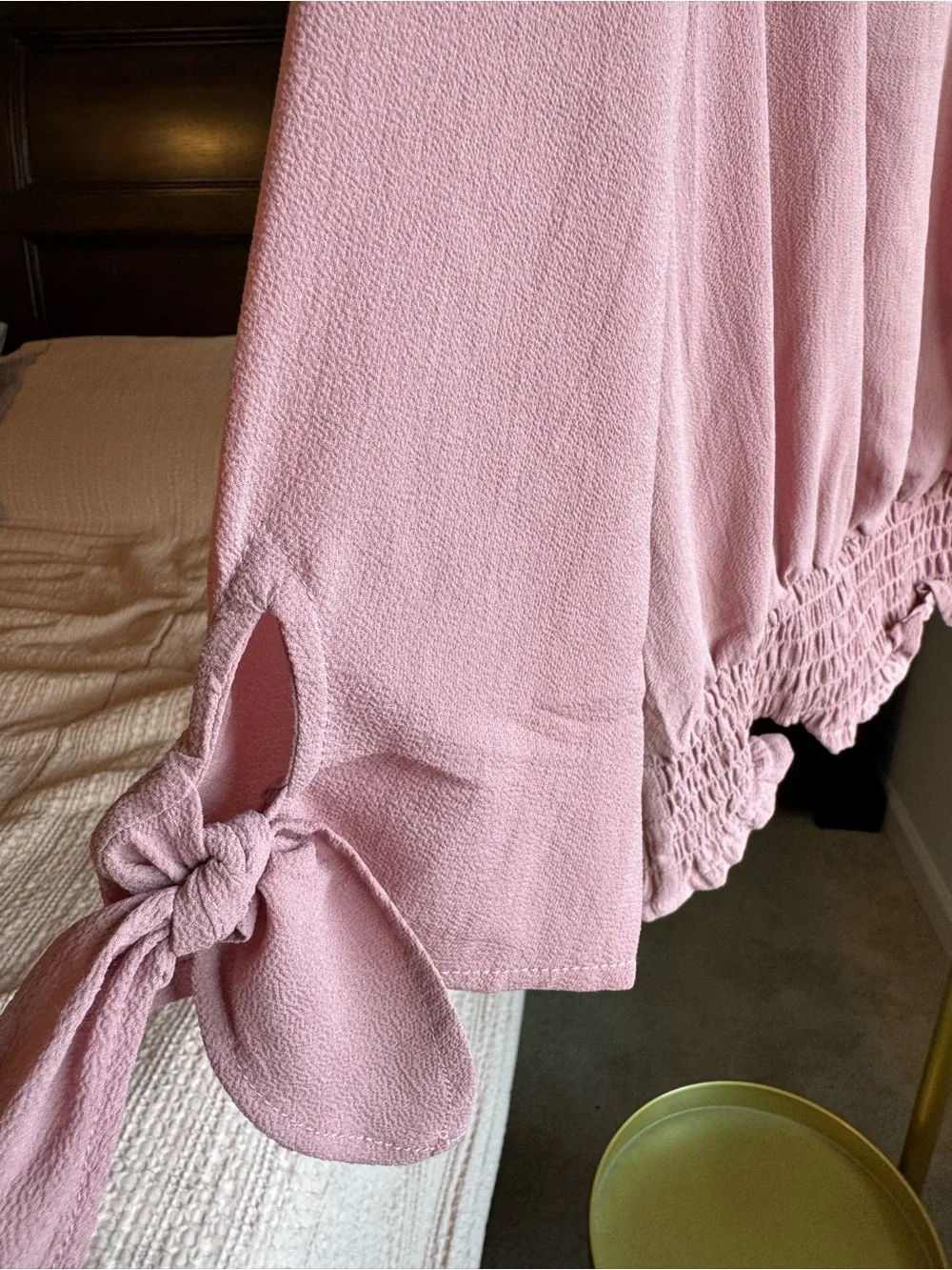 Michael Kors Pink Surplice Smocked Waist Blouse Tie Sleeve Top Large